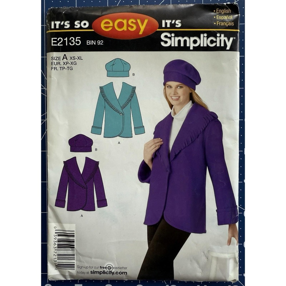 Simplicity Pattern E2135 Misses' Fleece Jacket and Hat (3 Sizes) Sze XS-XL 6-24‎